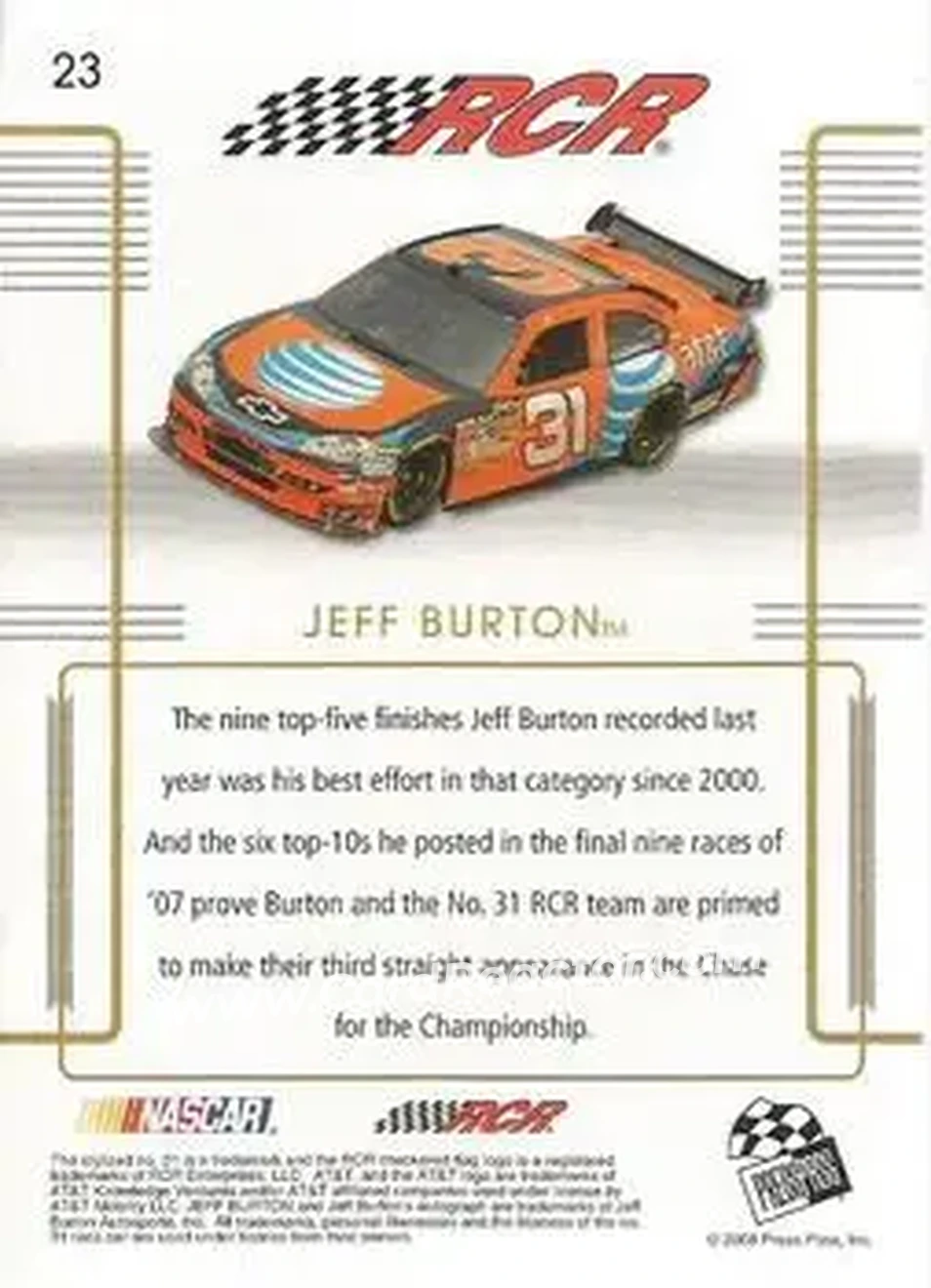 2008 Press Pass Premium #23 - Jeff Burton - Richard Childress Racing - Back