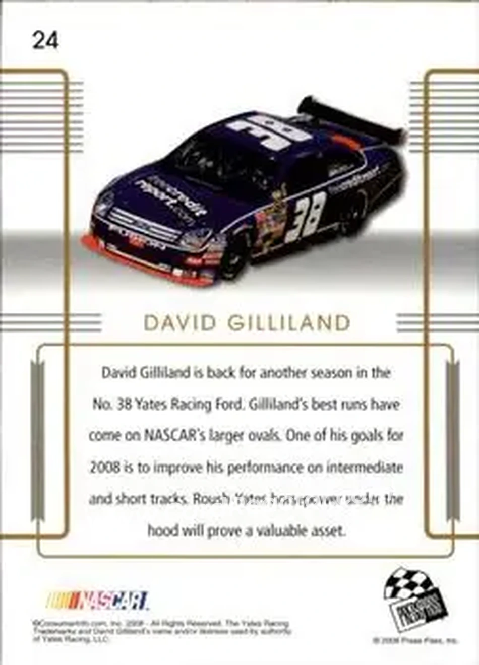 2008 Press Pass Premium #24 - David Gilliland - Yates Racing - Back