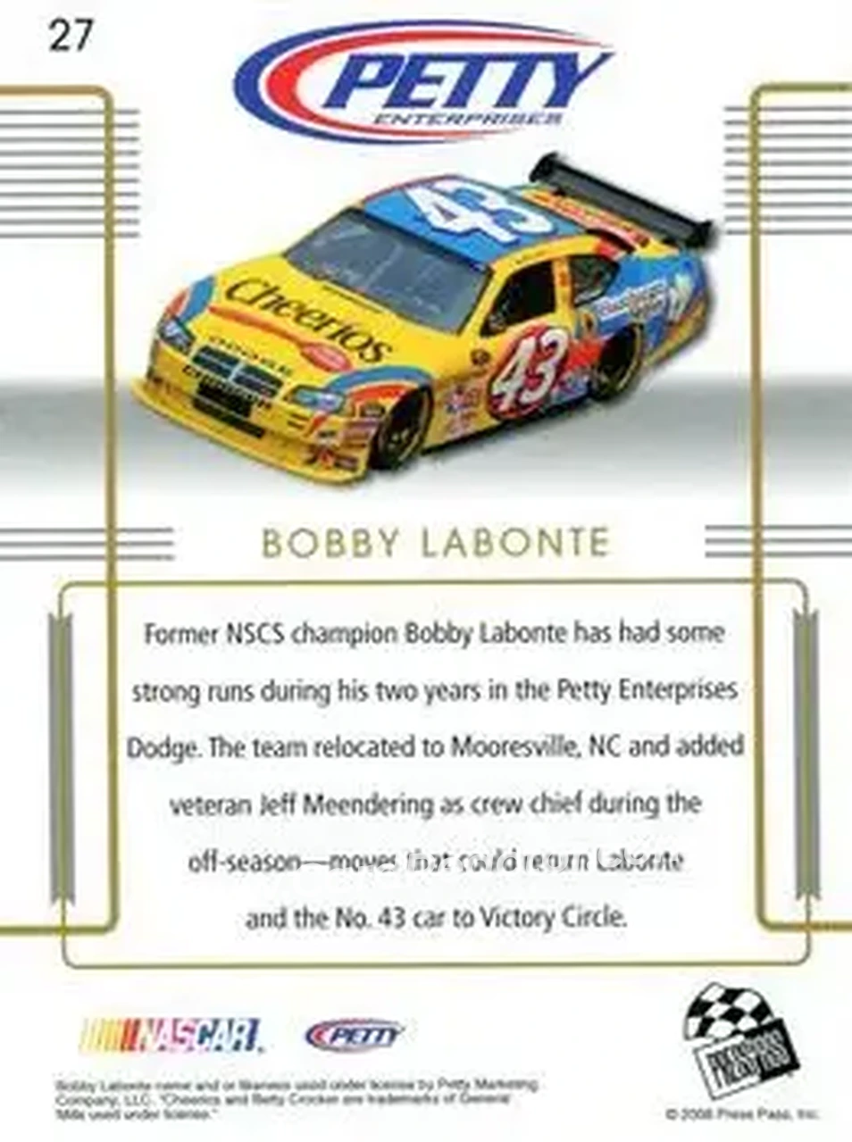 2008 Press Pass Premium #27 - Bobby Labonte - Petty Enterprises - Back