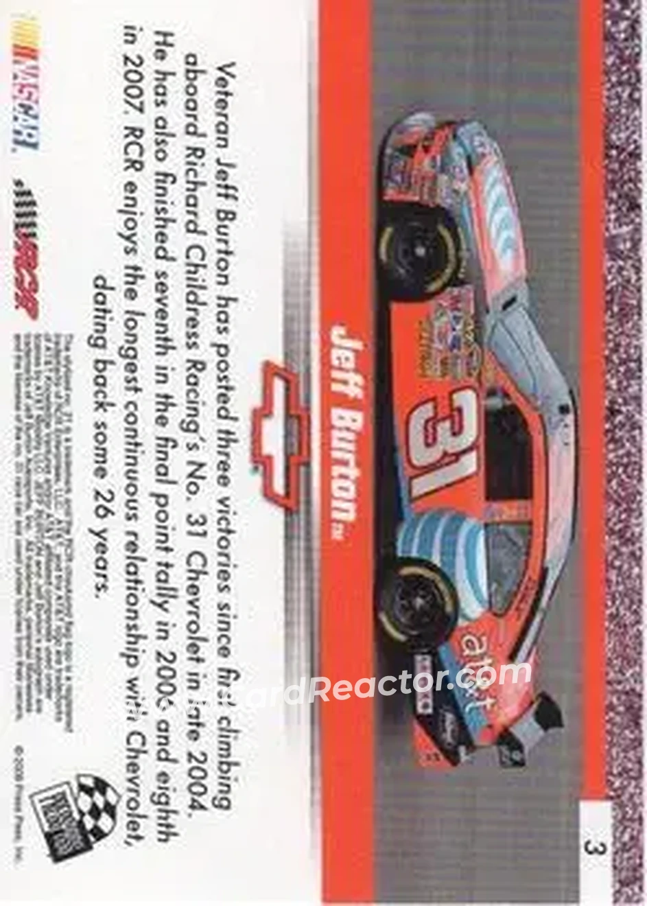 2008 Press Pass Speedway #3 - Jeff Burton - Richard Childress Racing - Back