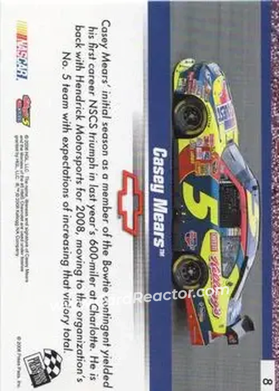 2008 Press Pass Speedway #8 - Casey Mears - Hendrick Motorsports - Back