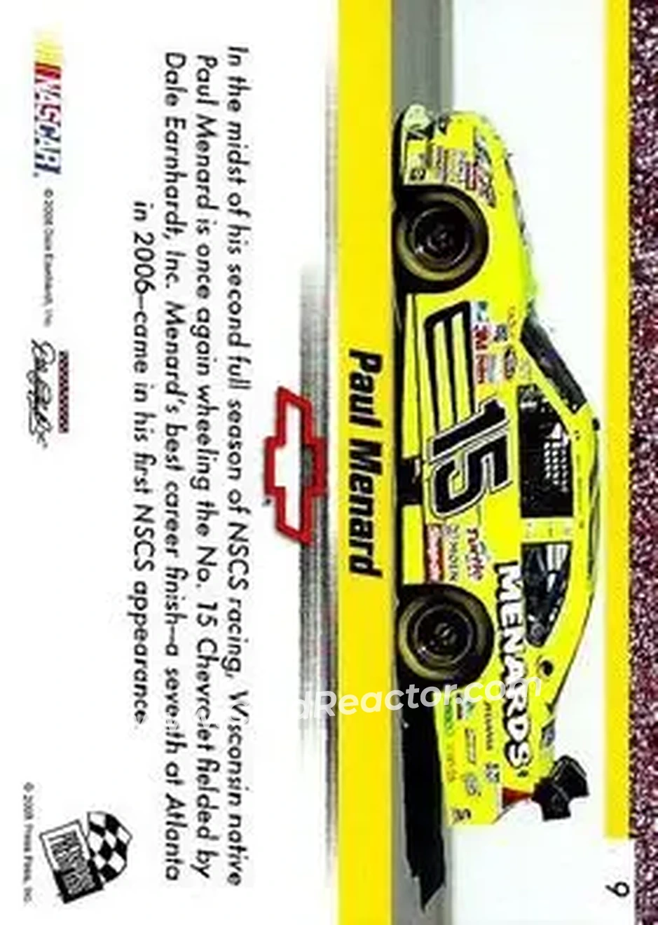 2008 Press Pass Speedway #9 - Paul Menard - Dale Earnhardt Inc. - Back