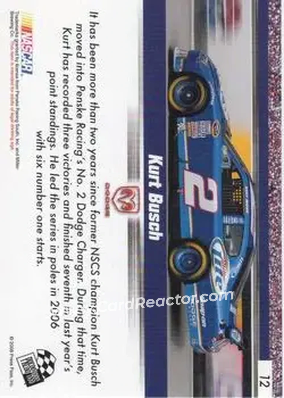 2008 Press Pass Speedway #12 - Kurt Busch - Penske Racing South - Back