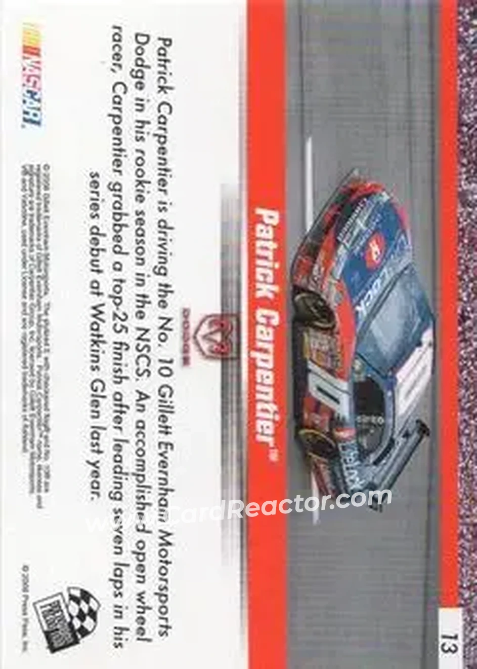 2008 Press Pass Speedway #13 - Patrick Carpentier - Gillett Evernham Motorsports - Back