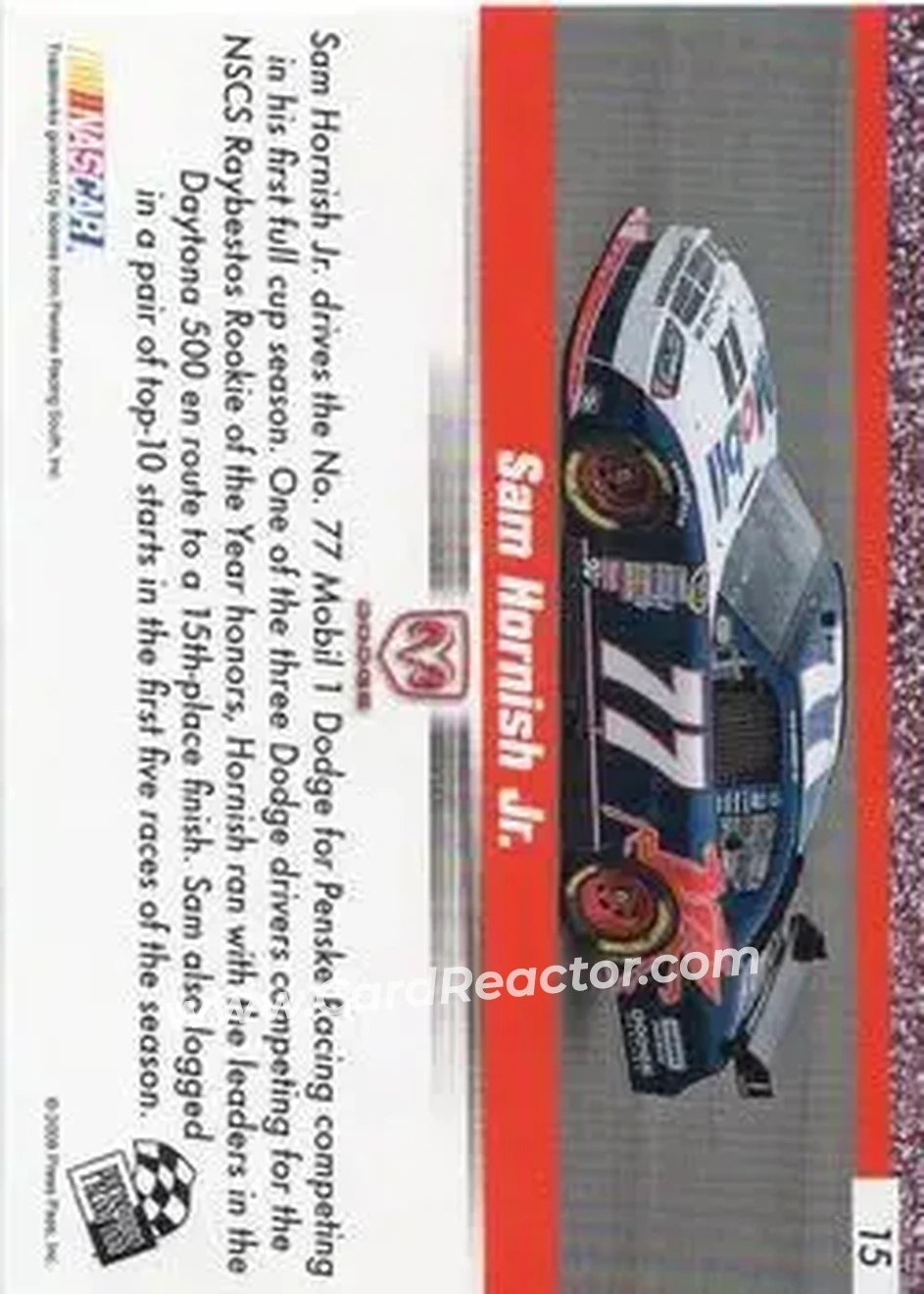 2008 Press Pass Speedway #15 - Sam Hornish Jr. - Penske Racing South - Back