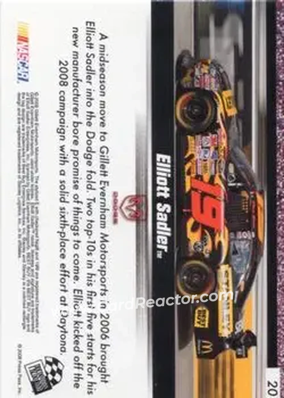2008 Press Pass Speedway #20 - Elliott Sadler - Gillett Evernham Motorsports - Back