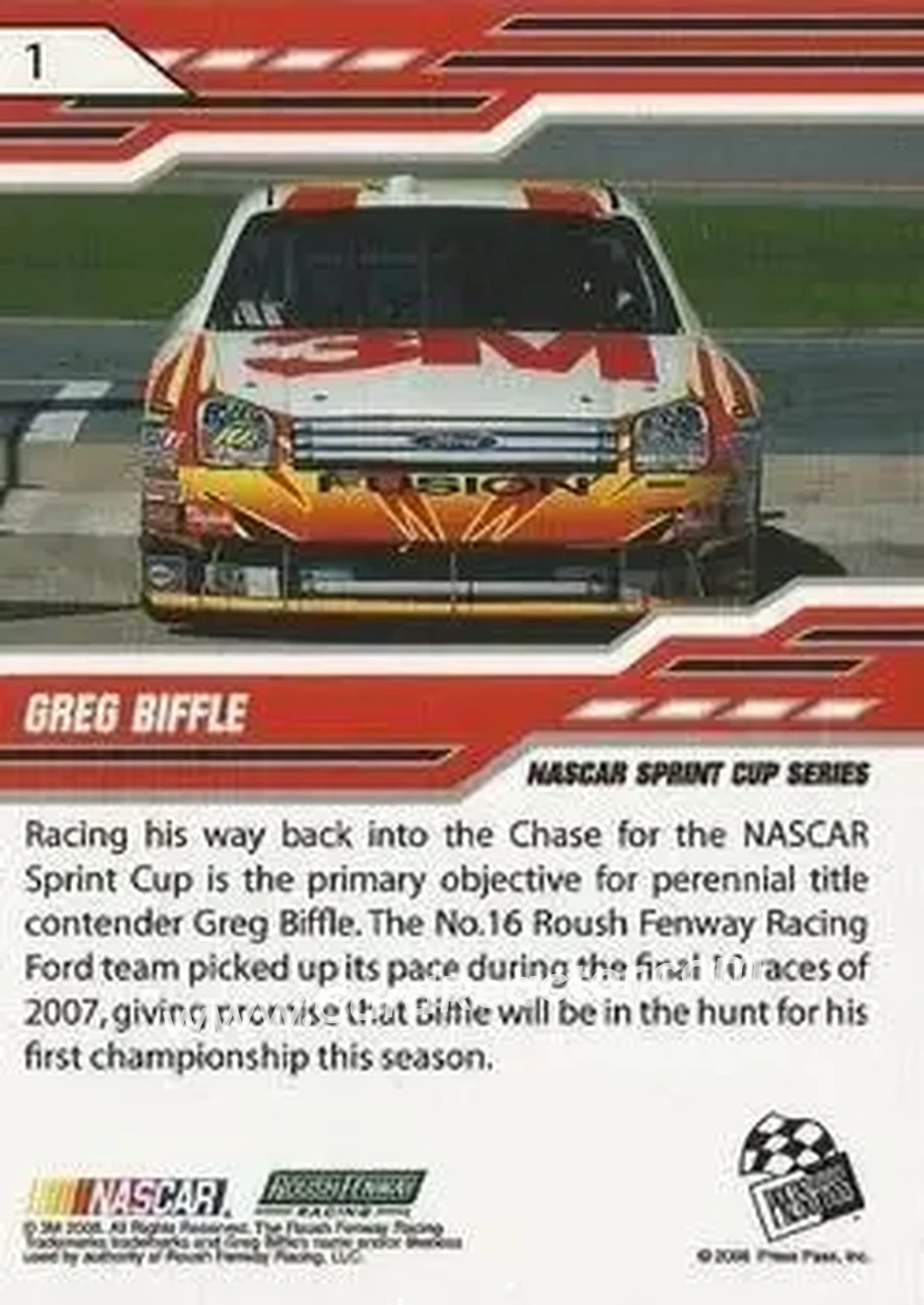 2008 Press Pass Stealth #1 - Greg Biffle - Roush Fenway Racing - Back