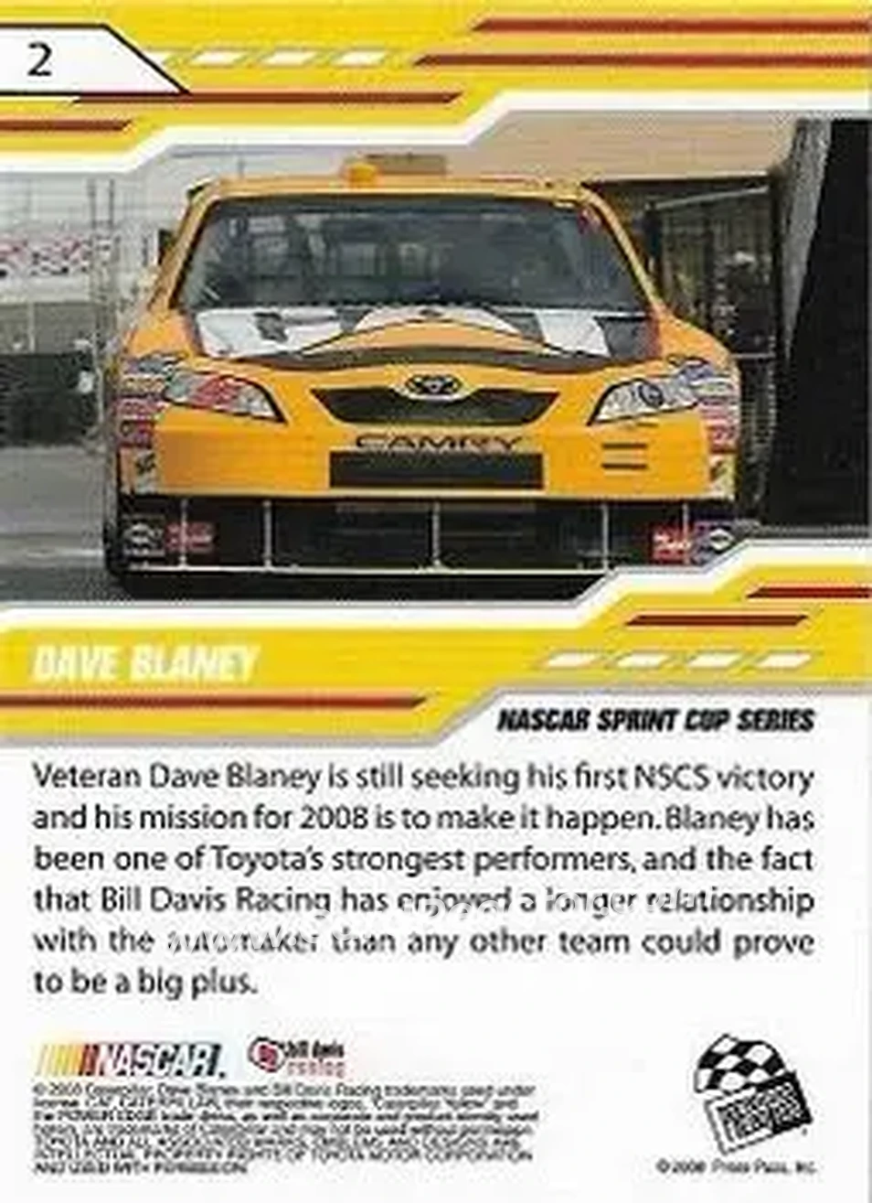 2008 Press Pass Stealth #2 - Dave Blaney - Bill Davis Racing - Back
