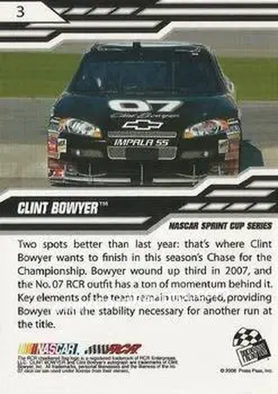 2008 Press Pass Stealth #3 - Clint Bowyer - Richard Childress Racing - Back