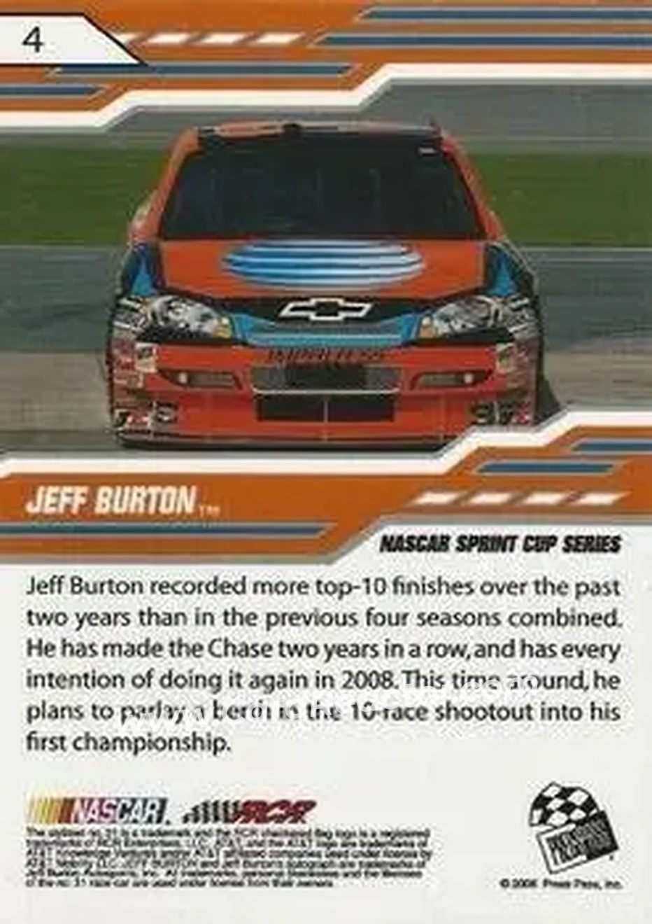 2008 Press Pass Stealth #4 - Jeff Burton - Richard Childress Racing - Back