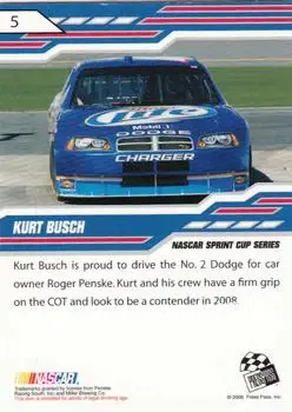 2008 Press Pass Stealth #5 - Kurt Busch - Penske Racing South - Back