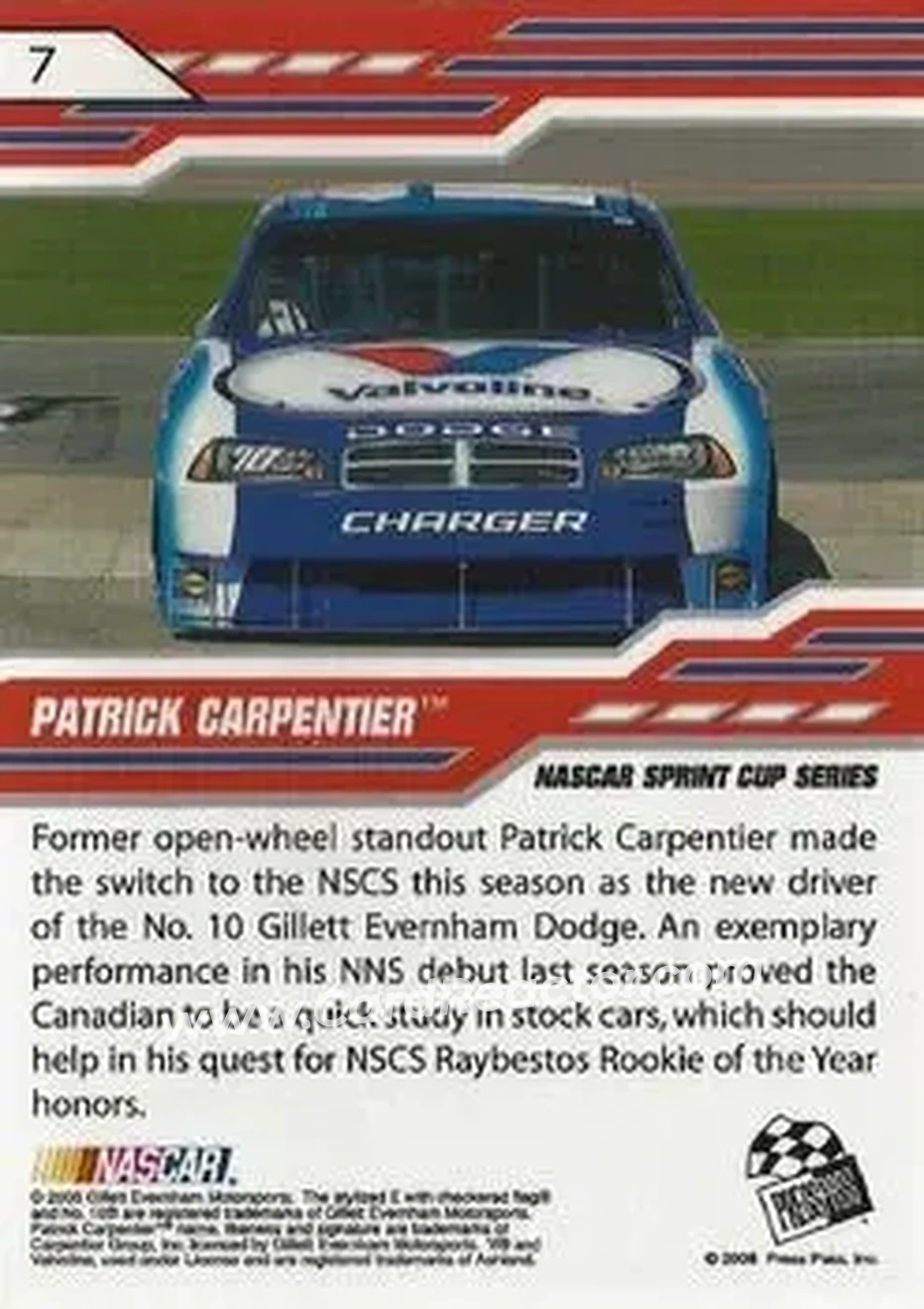 2008 Press Pass Stealth #7 - Patrick Carpentier - Gillett Evernham Motorsports - Back