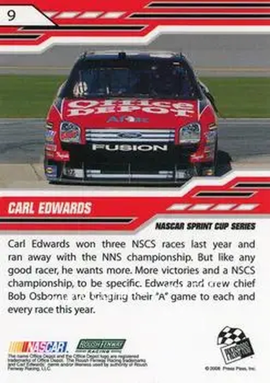 2008 Press Pass Stealth #9 - Carl Edwards - Roush Fenway Racing - Back