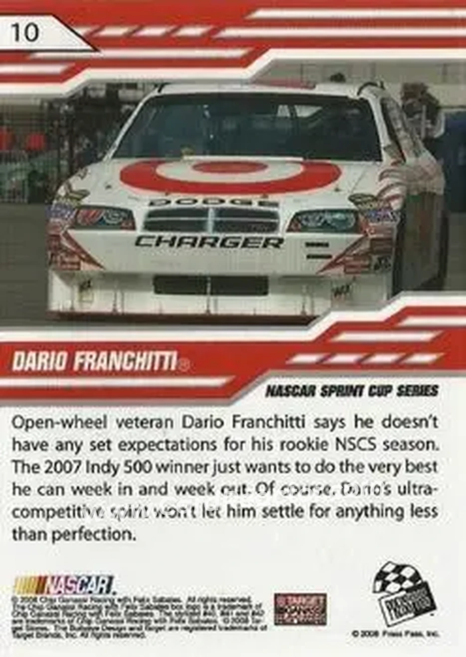 2008 Press Pass Stealth #10 - Dario Franchitti - Chip Ganassi Racing with Felix Sabates - Back