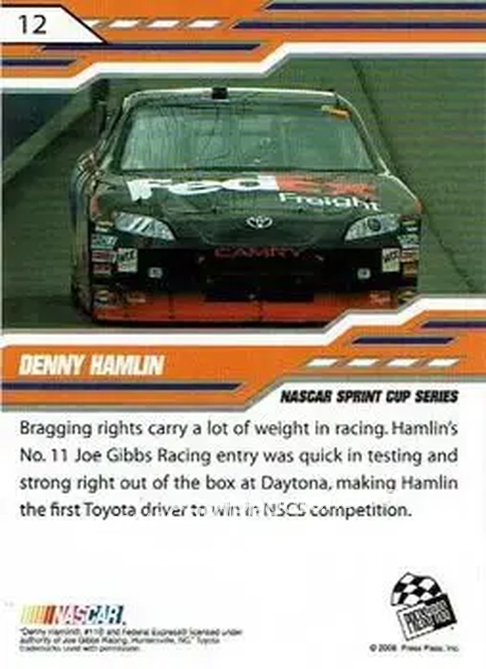 2008 Press Pass Stealth #12 - Denny Hamlin - Joe Gibbs Racing - Back