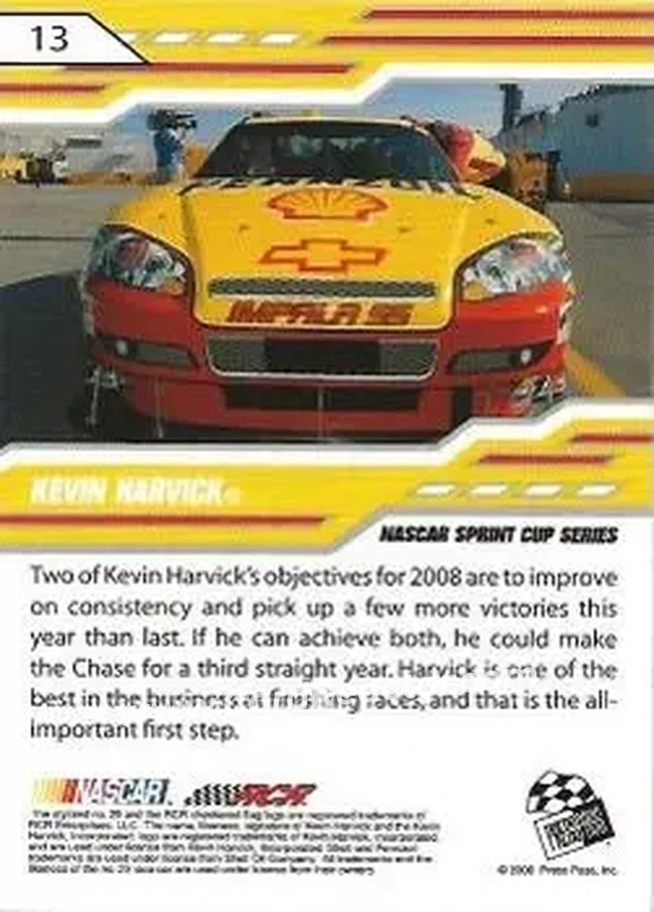 2008 Press Pass Stealth #13 - Kevin Harvick - Richard Childress Racing - Back