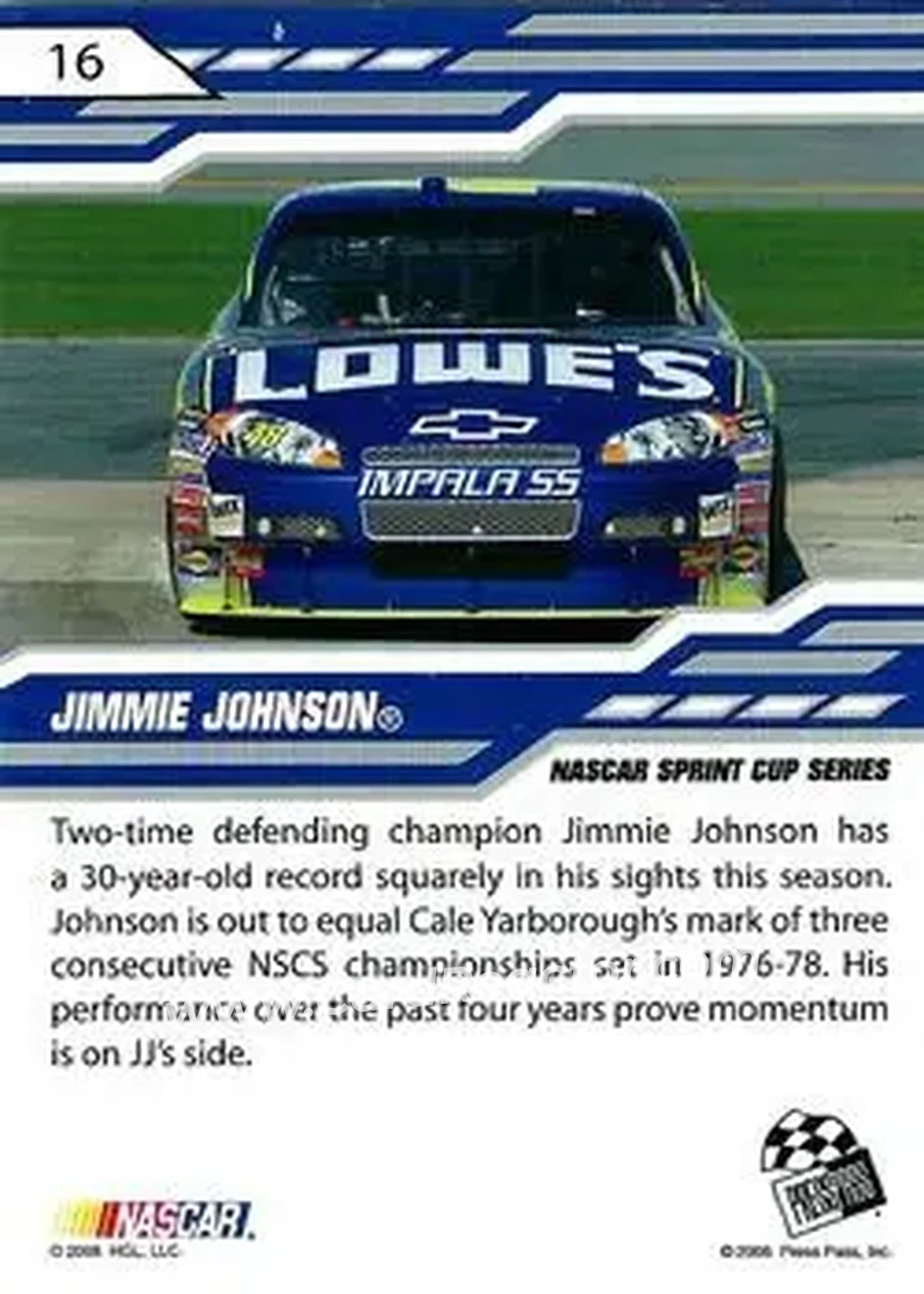 2008 Press Pass Stealth #16 - Jimmie Johnson - Hendrick Motorsports - Back