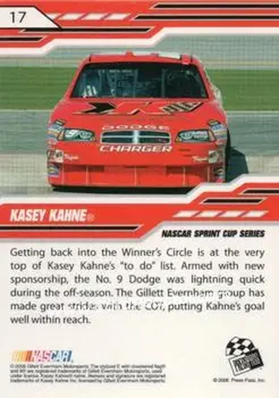 2008 Press Pass Stealth #17b - Kasey Kahne - Gillett Evernham Motorsports - Back