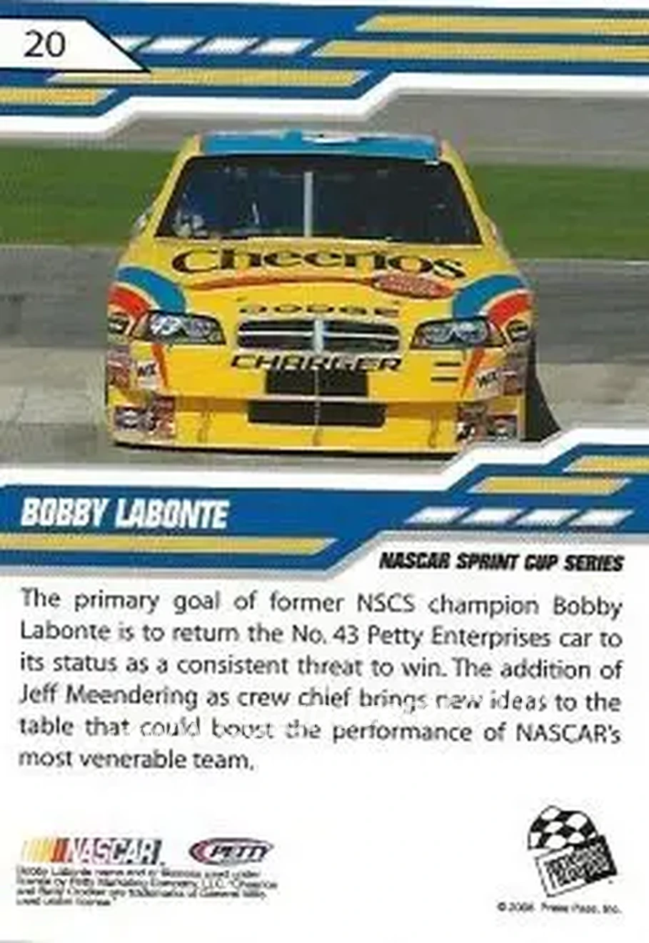 2008 Press Pass Stealth #20 - Bobby Labonte - Petty Enterprises - Back