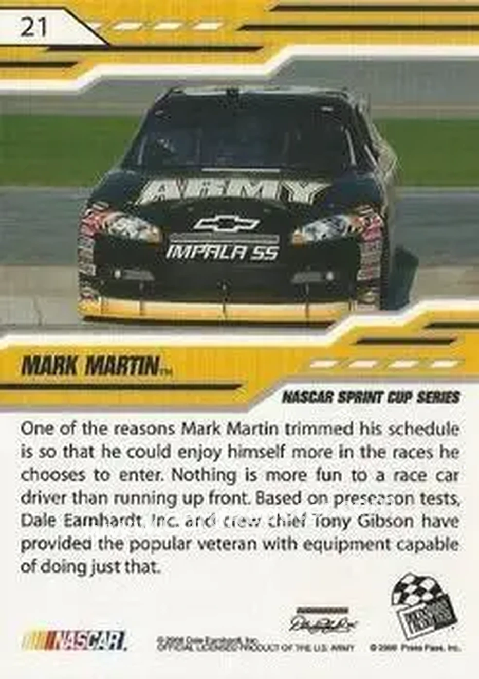 2008 Press Pass Stealth #21 - Mark Martin - Dale Earnhardt Inc. - Back