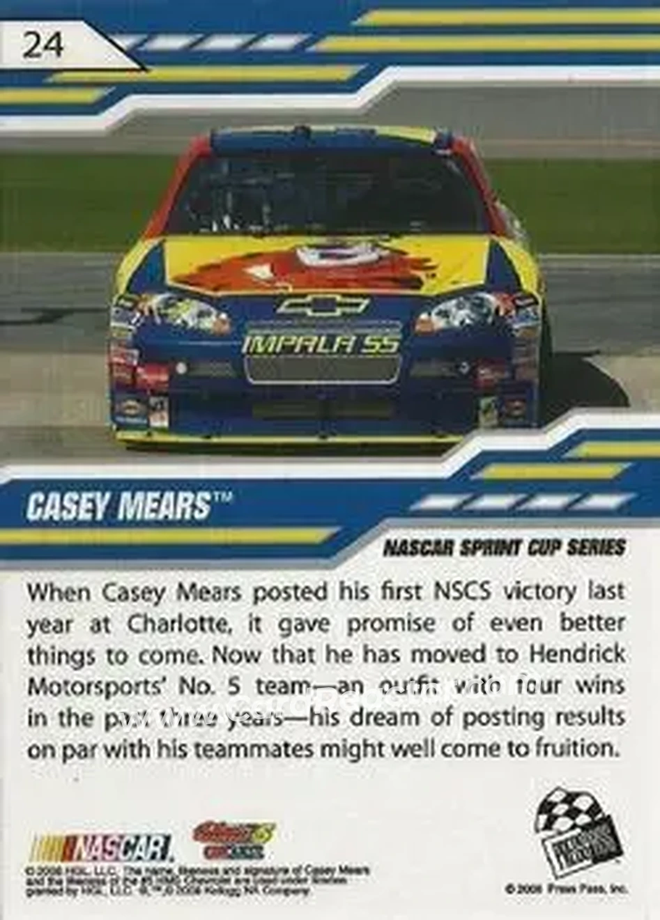 2008 Press Pass Stealth #24 - Casey Mears - Hendrick Motorsports - Back