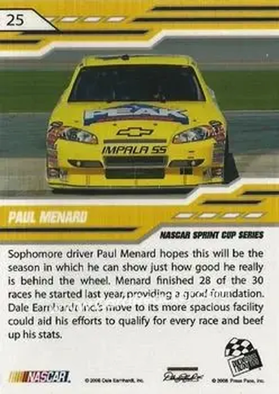 2008 Press Pass Stealth #25 - Paul Menard - Dale Earnhardt Inc. - Back