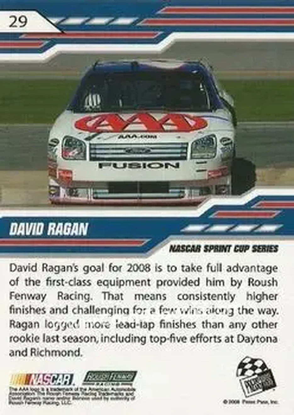 2008 Press Pass Stealth #29 - David Ragan - Roush Fenway Racing - Back