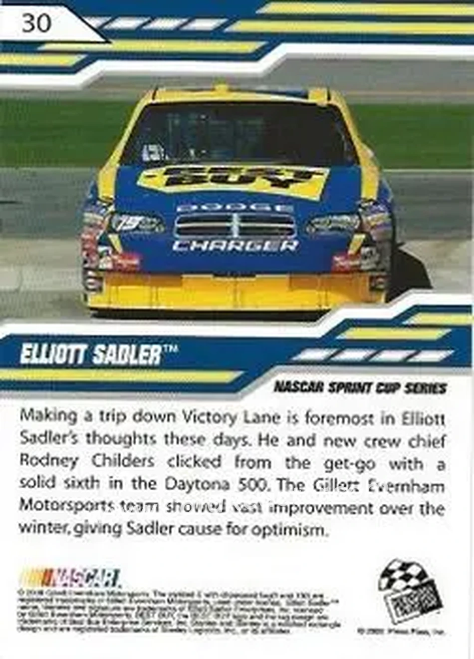 2008 Press Pass Stealth #30 - Elliott Sadler - Gillett Evernham Motorsports - Back