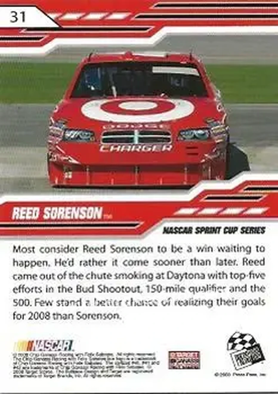 2008 Press Pass Stealth #31 - Reed Sorenson - Chip Ganassi Racing with Felix Sabates - Back
