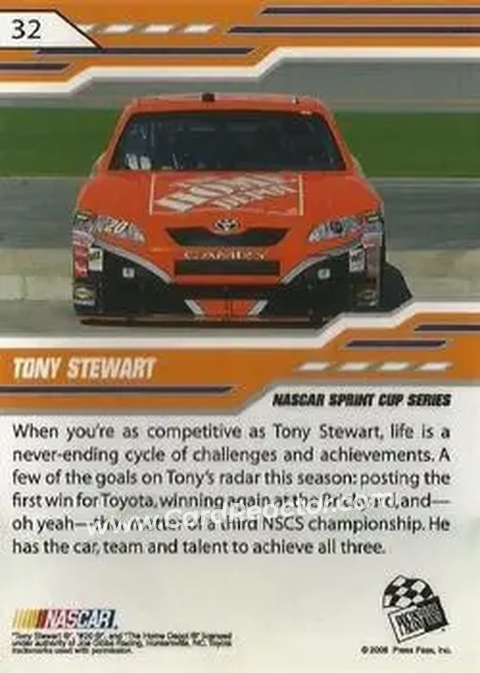 2008 Press Pass Stealth #32 - Tony Stewart - Joe Gibbs Racing - Back