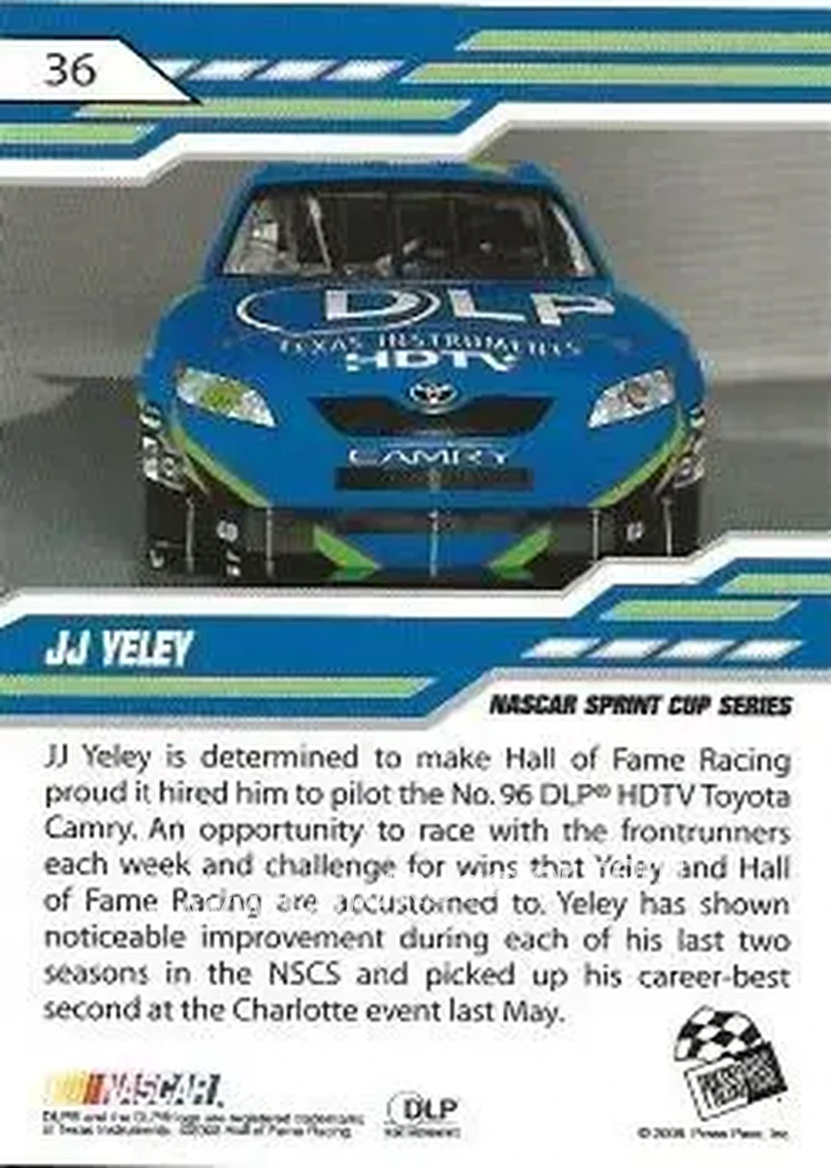 2008 Press Pass Stealth #36 - J.J. Yeley - Hall of Fame Racing - Back
