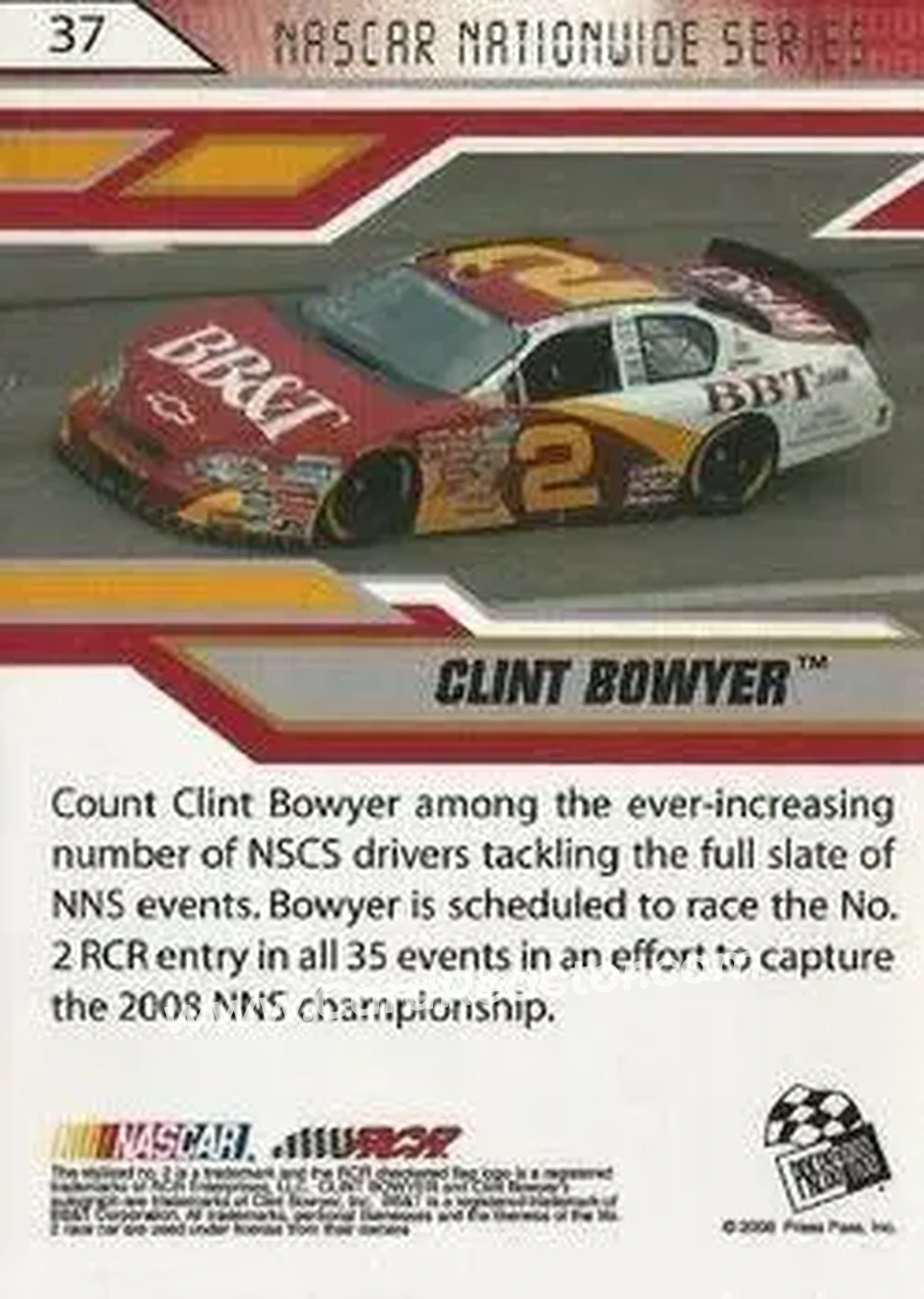 2008 Press Pass Stealth #37 - Clint Bowyer - Richard Childress Racing - Back
