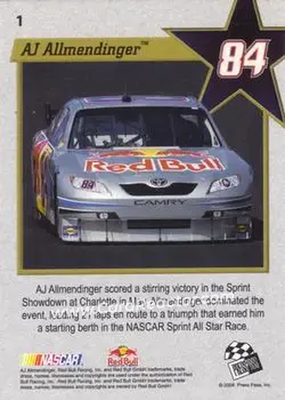 2008 Press Pass VIP #1 - AJ Allmendinger - Red Bull Racing Team - Back