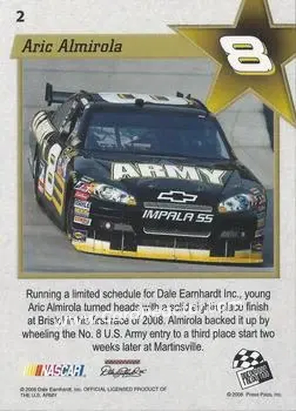2008 Press Pass VIP #2 - Aric Almirola - Dale Earnhardt Inc. - Back