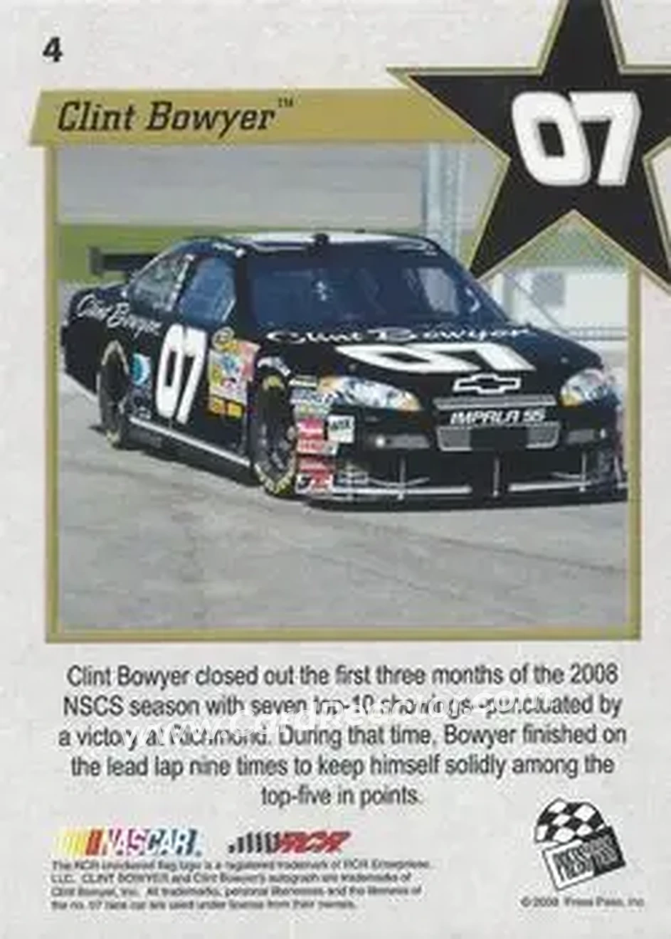 2008 Press Pass VIP #4 - Clint Bowyer - Richard Childress Racing - Back