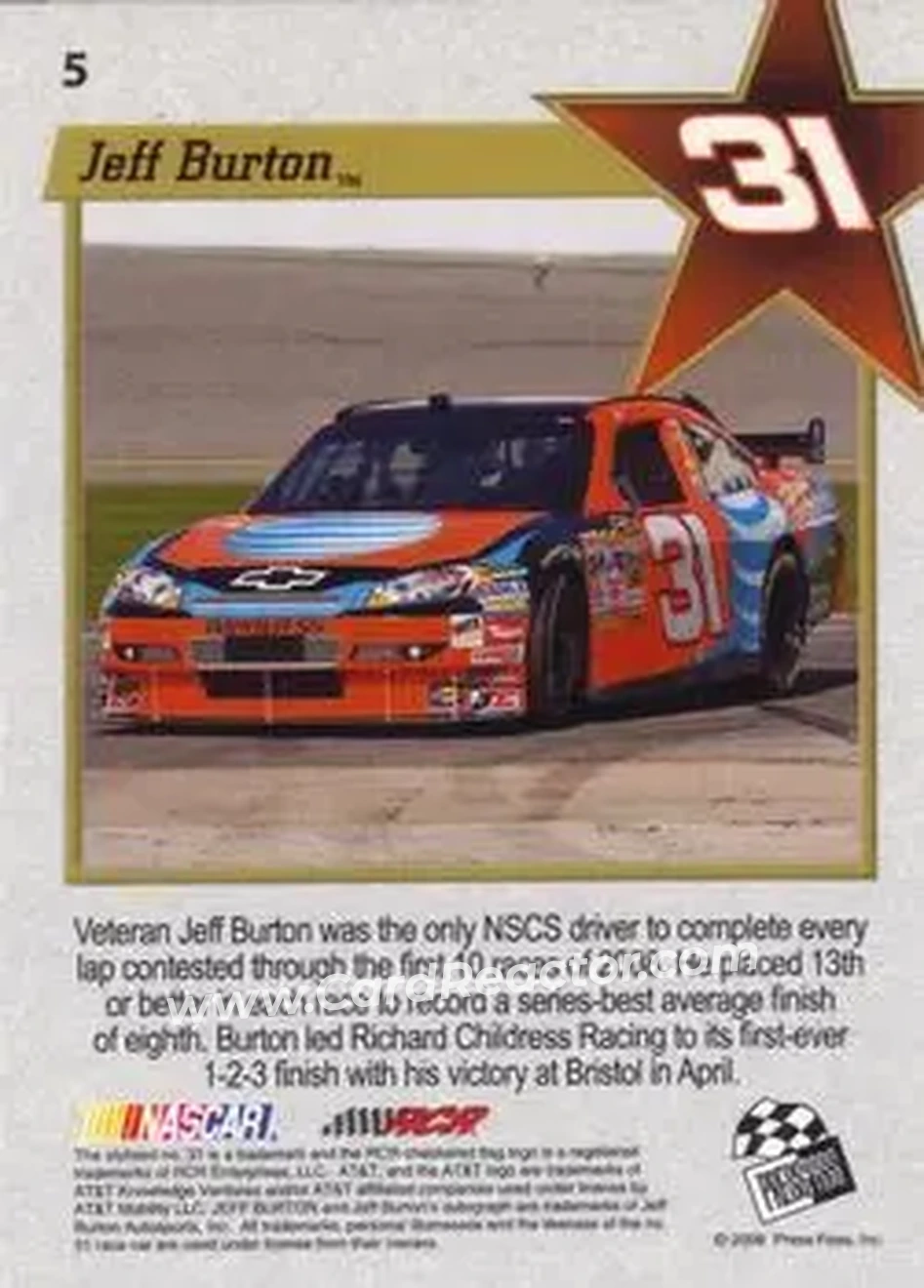 2008 Press Pass VIP #5 - Jeff Burton - Richard Childress Racing - Back