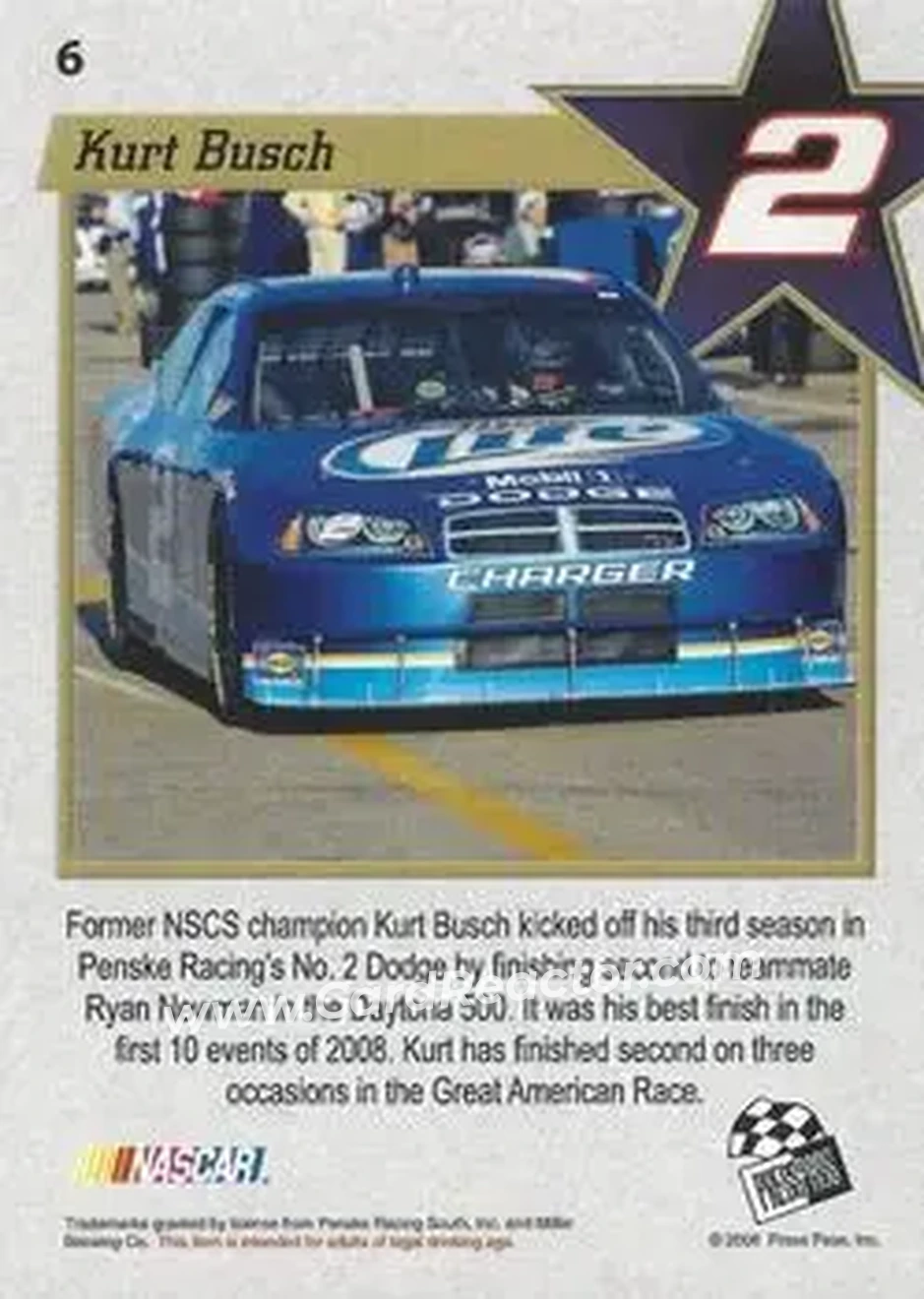 2008 Press Pass VIP #6 - Kurt Busch - Penske Racing South - Back