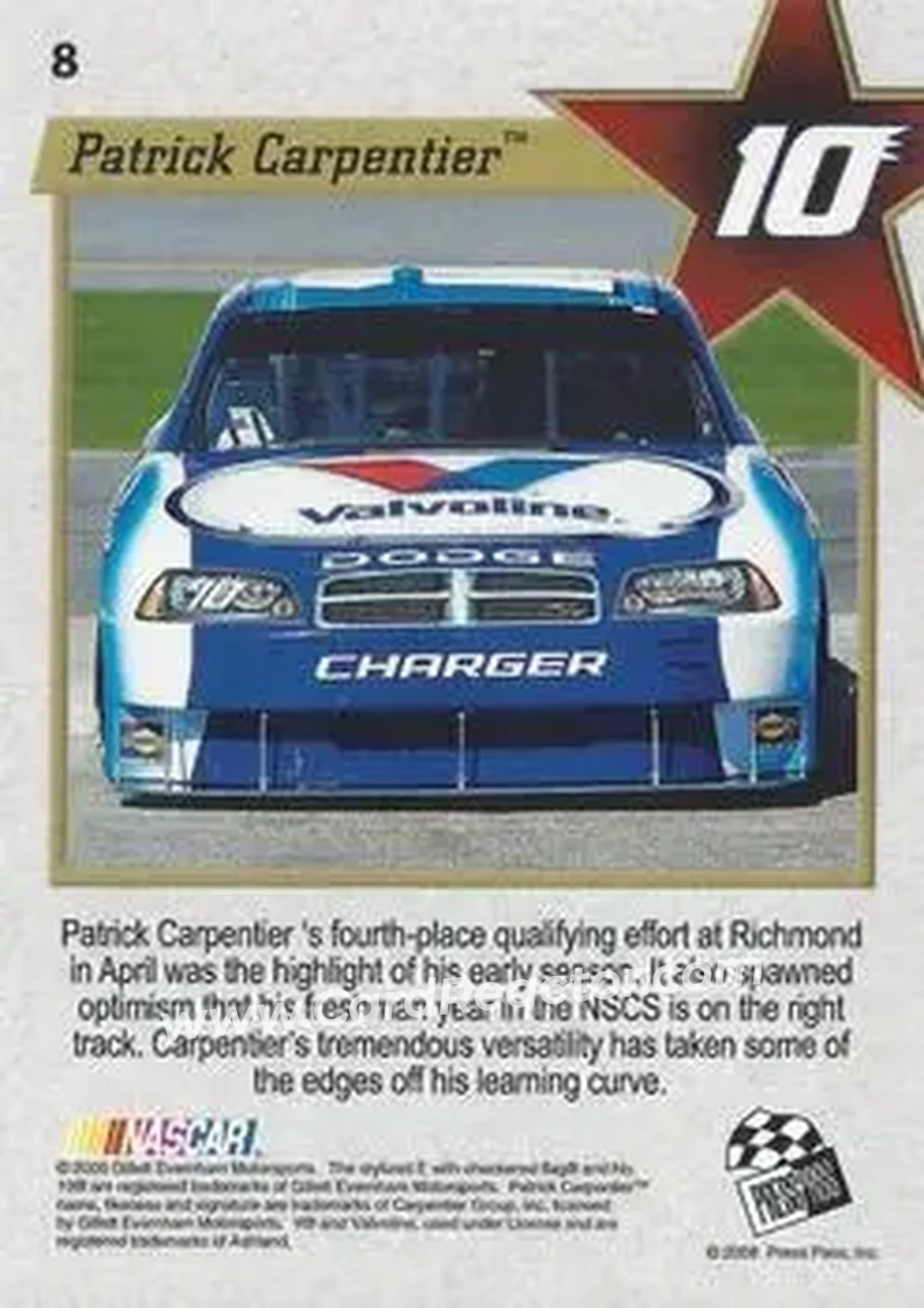 2008 Press Pass VIP #8 - Patrick Carpentier - Gillett Evernham Motorsports - Back