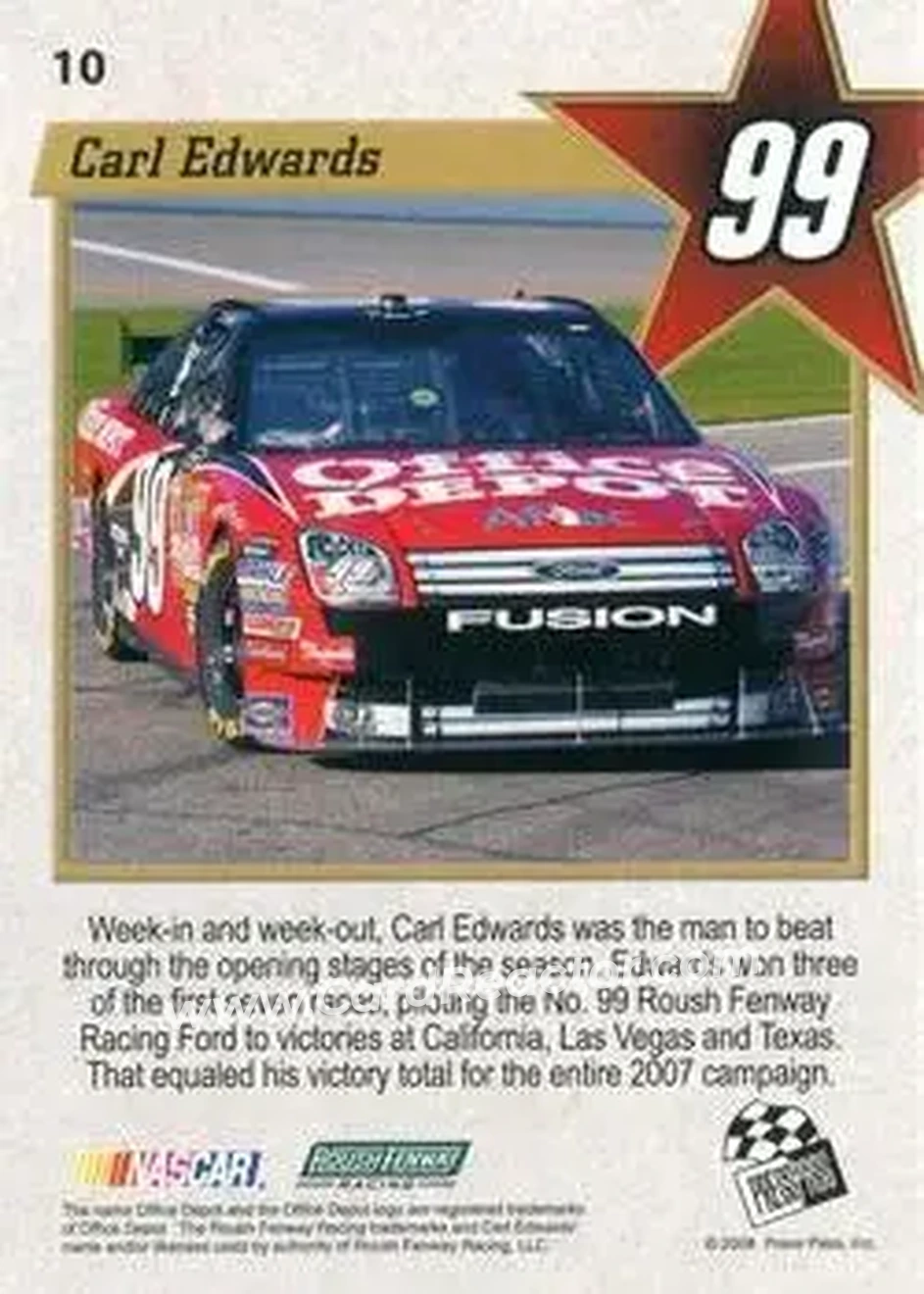 2008 Press Pass VIP #10 - Carl Edwards - Roush Fenway Racing - Back