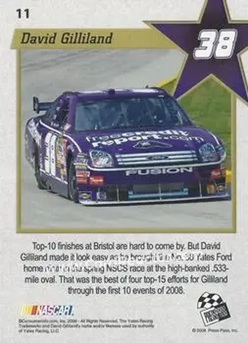 2008 Press Pass VIP #11 - David Gilliland - Yates Racing - Back