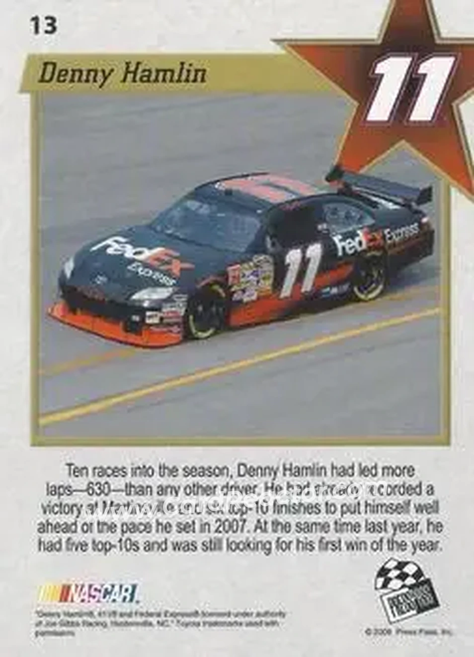 2008 Press Pass VIP #13 - Denny Hamlin - Joe Gibbs Racing - Back