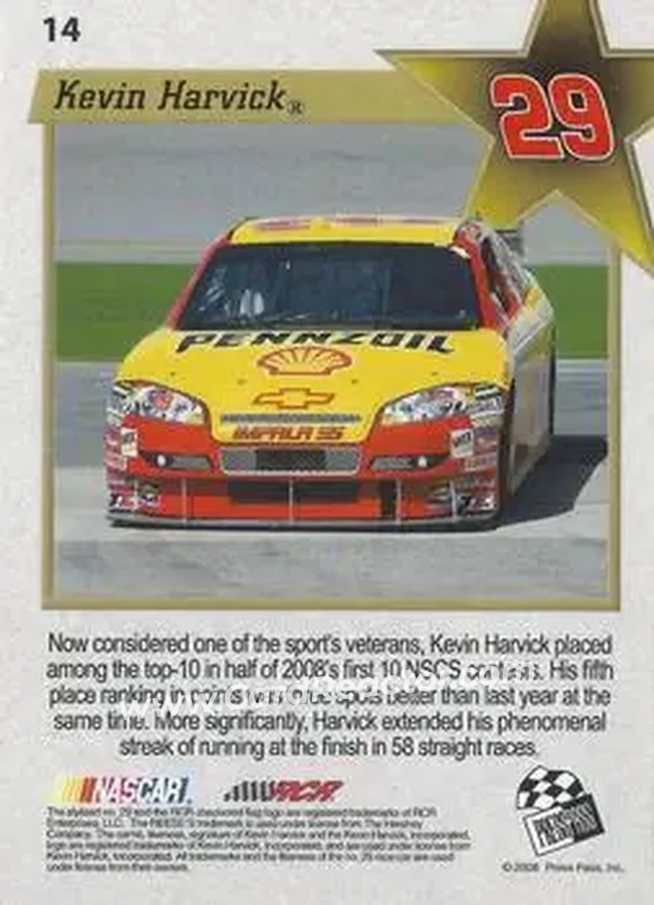 2008 Press Pass VIP #14 - Kevin Harvick - Richard Childress Racing - Back