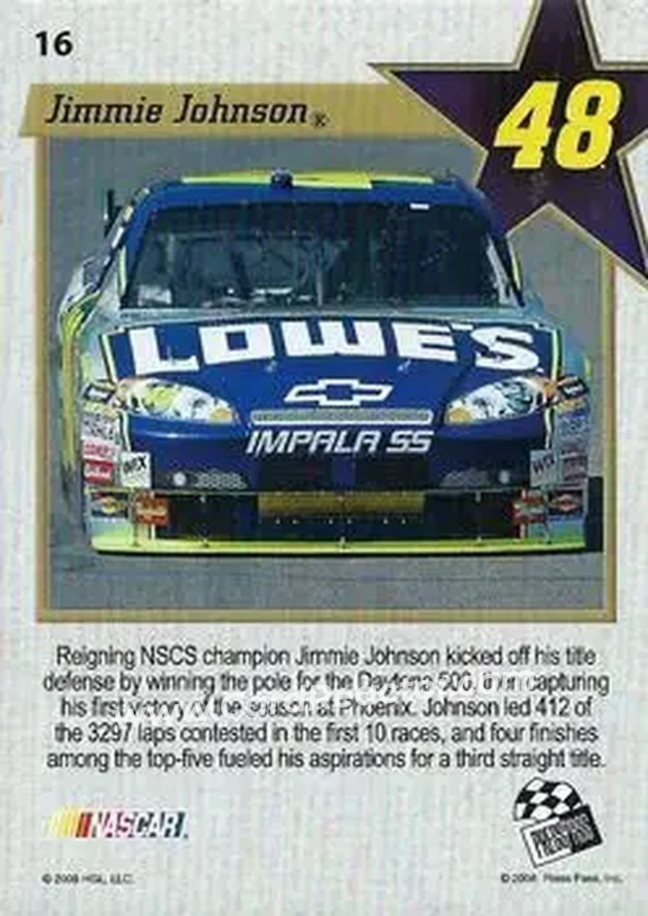 2008 Press Pass VIP #16 - Jimmie Johnson - Hendrick Motorsports - Back