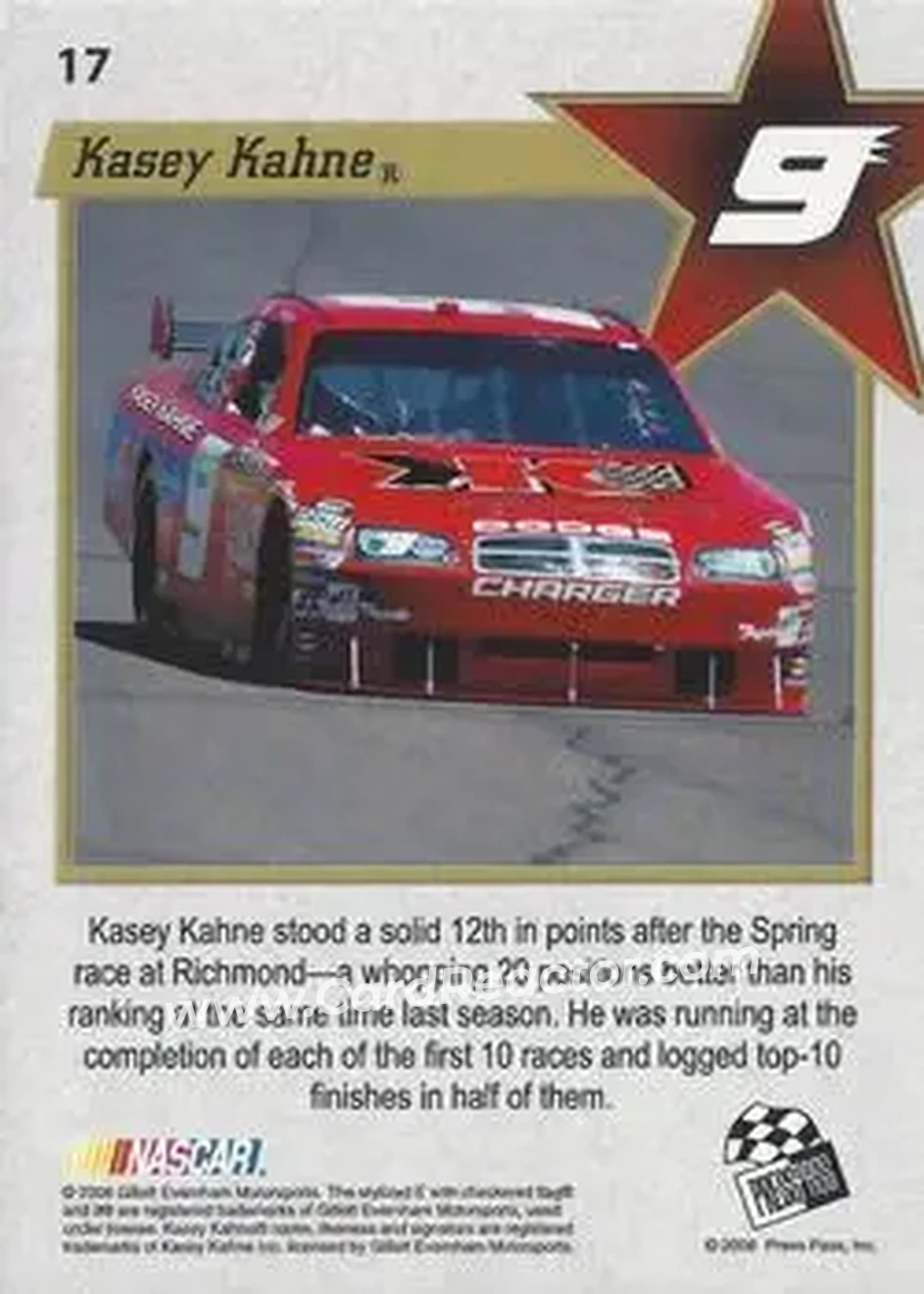 2008 Press Pass VIP #17 - Kasey Kahne - Gillett Evernham Motorsports - Back