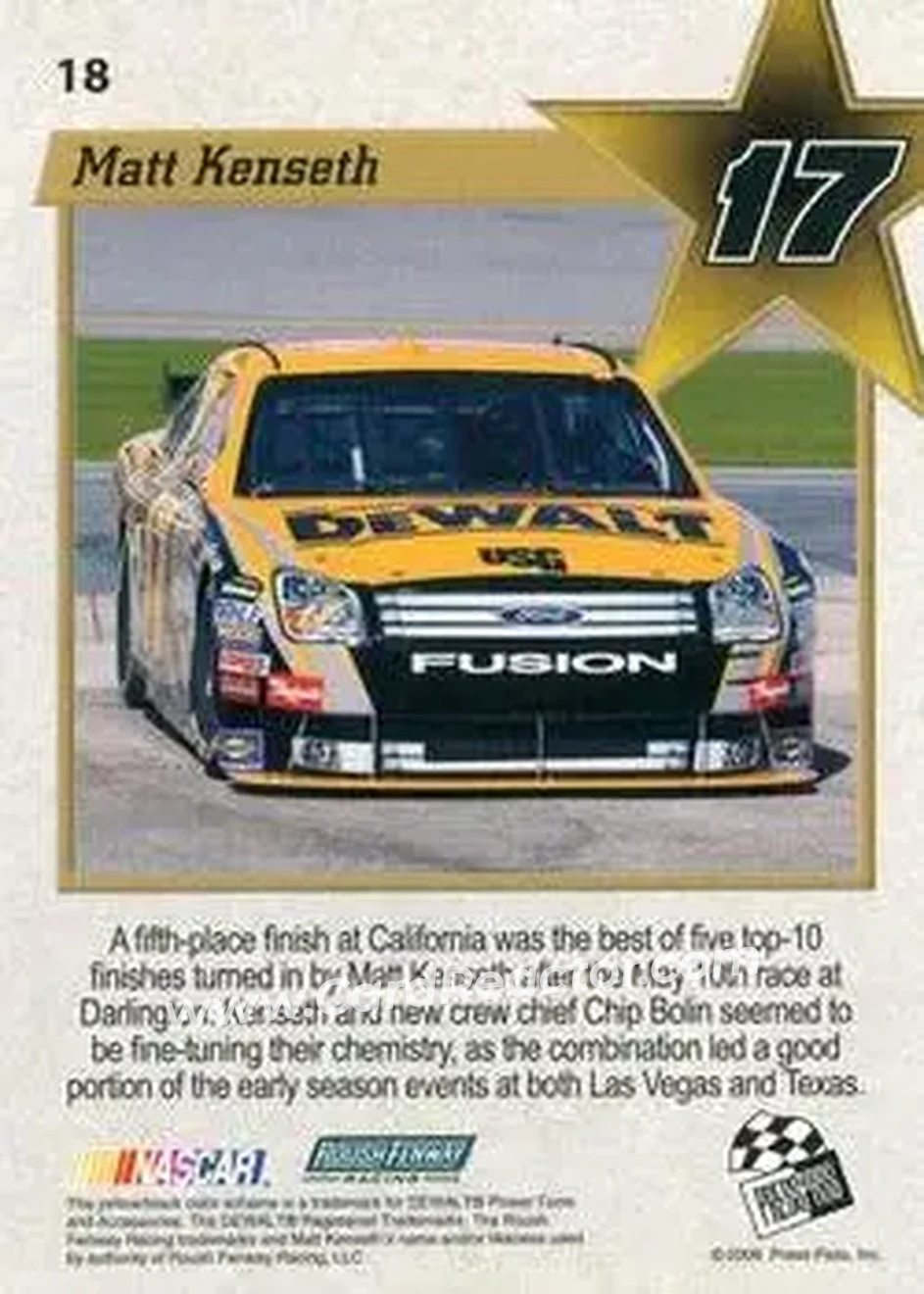 2008 Press Pass VIP #18 - Matt Kenseth - Roush Fenway Racing - Back