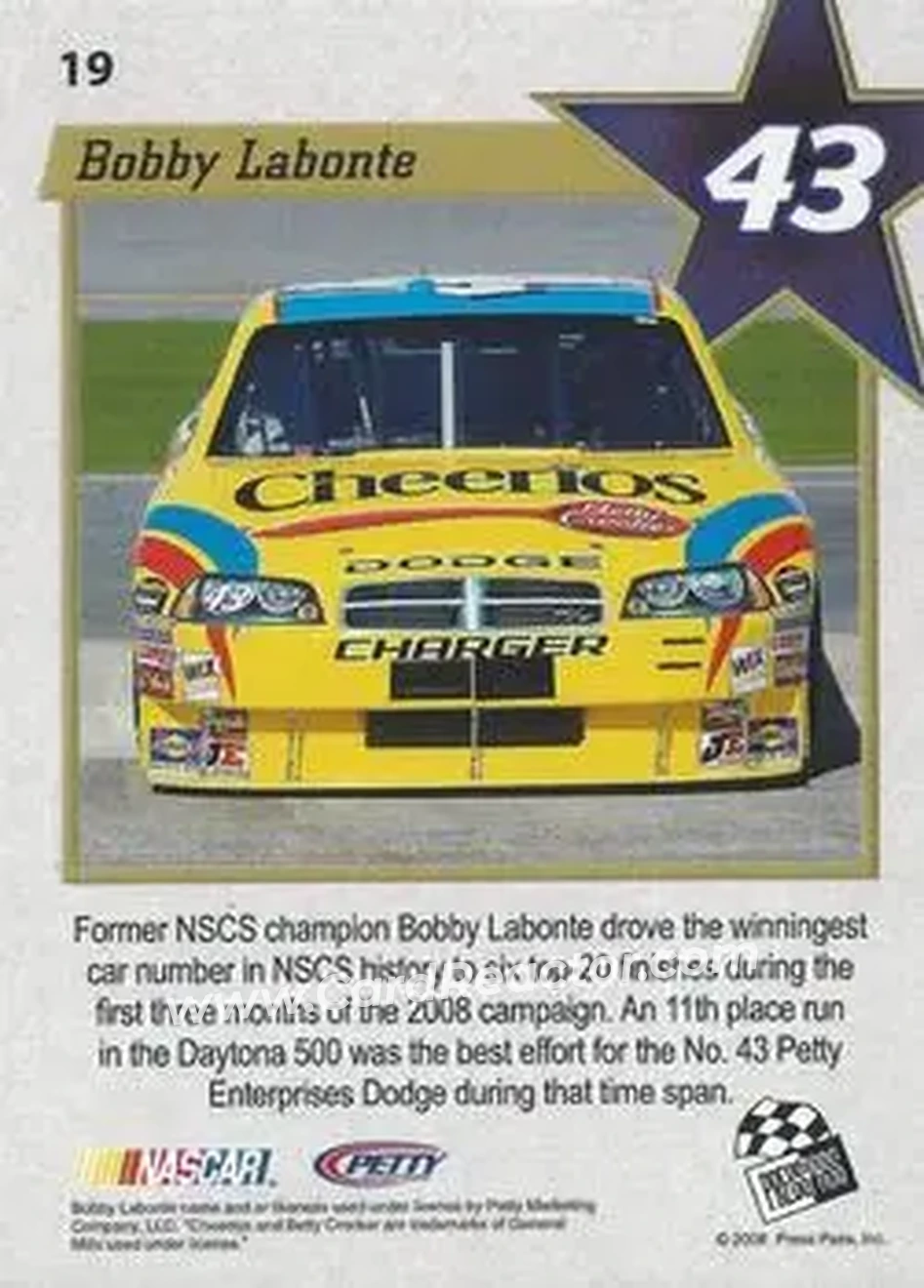 2008 Press Pass VIP #19 - Bobby Labonte - Petty Enterprises - Back