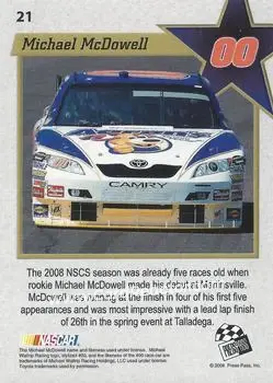 2008 Press Pass VIP #21 - Michael McDowell - Michael Waltrip Racing - Back