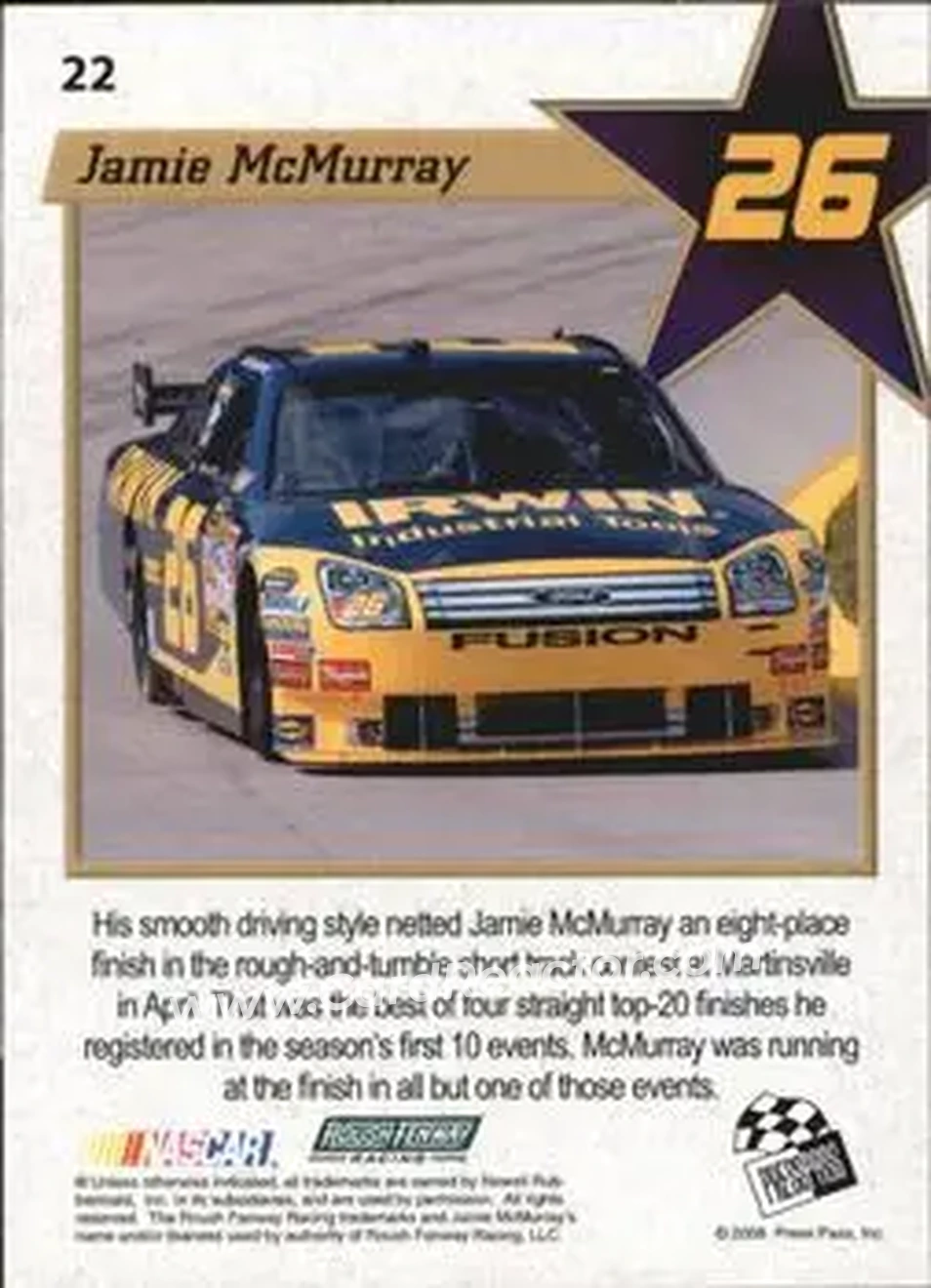 2008 Press Pass VIP #22 - Jamie McMurray - Roush Fenway Racing - Back