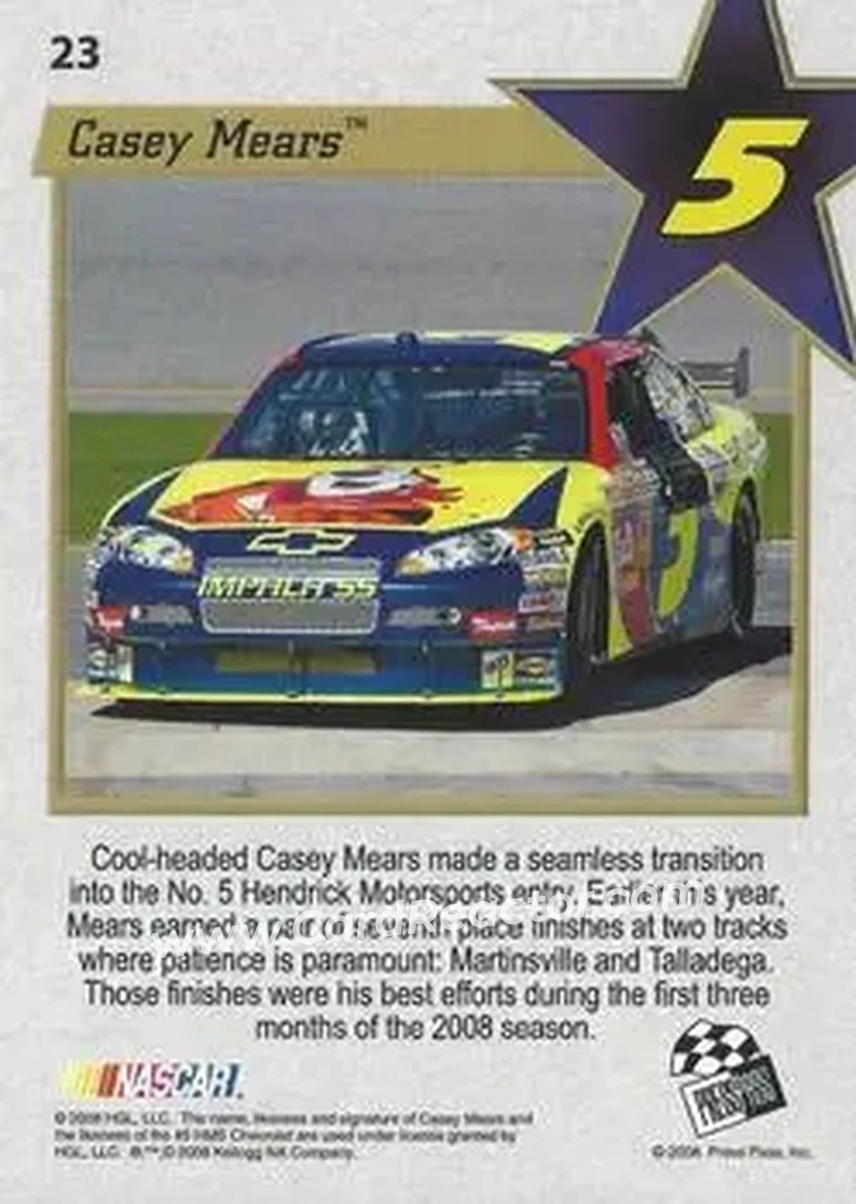 2008 Press Pass VIP #23 - Casey Mears - Hendrick Motorsports - Back