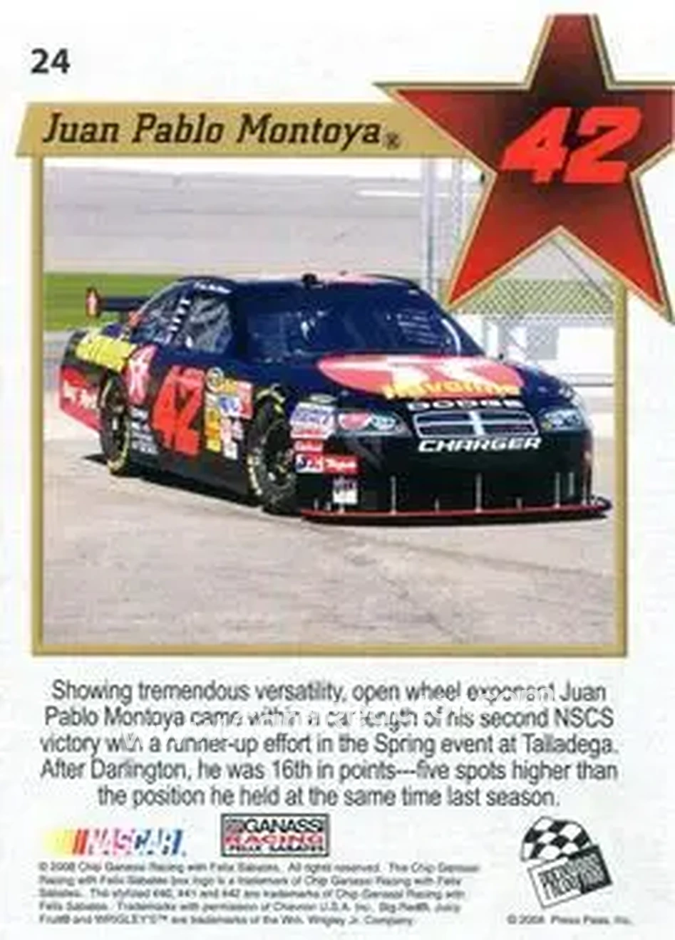 2008 Press Pass VIP #24 - Juan Pablo Montoya - Chip Ganassi Racing with Felix Sabates - Back